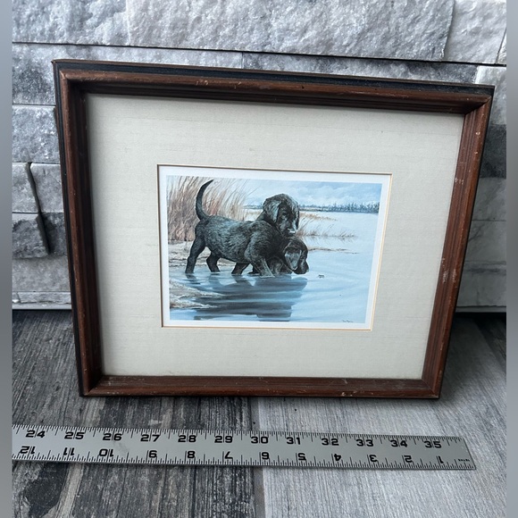 Vintage Tara Moore Lab Pups Framed Print 2 Labrador Puppies and water bug Signed - Picture 7 of 14